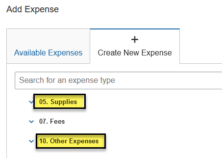 Concur system's "Create New Expense" expense category dropdown